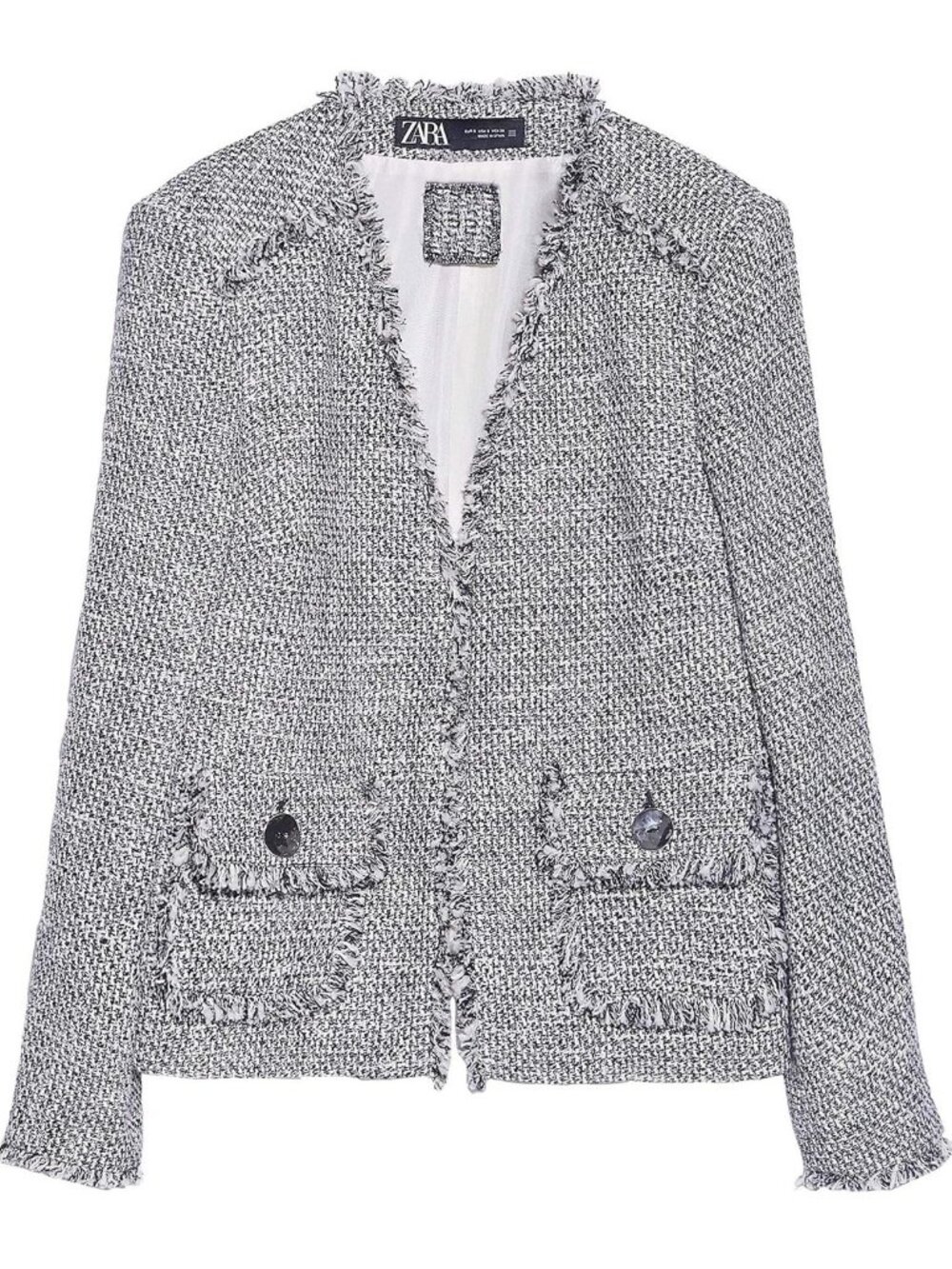 2/$30 ZARA Frayed Tweed Open Blazer Pronounced Shoulders Black Ecru Small #A2082 - Picture 3 of 10
